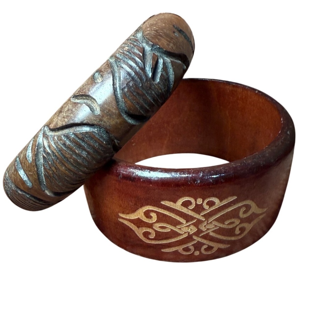 Vintage Hand-Carved‎ & Lacquered Wood Bangles Set – Boho Folk Artisan Jewelry